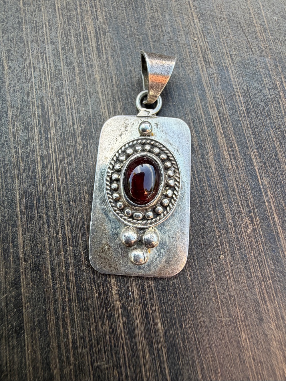 Vintage 925 Mexico Sterling Silver Garnet Pendant Boho Statement Necklace Charm - Picture 3 of 5